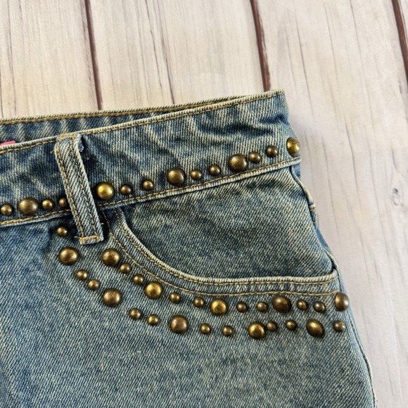 Edikted Studded Denim Mini Skirt Y2K Low Rise Blue Jean Festival Size S - Picture 3 of 8
